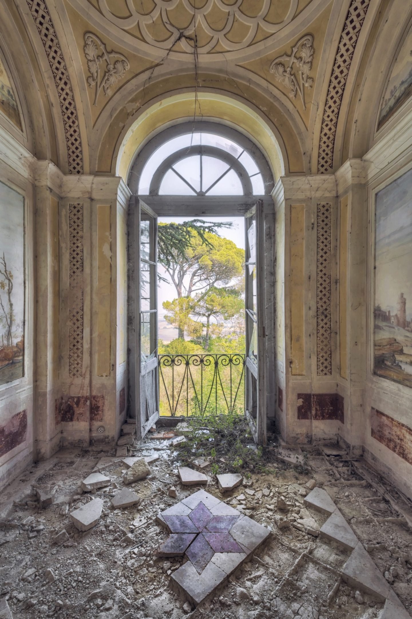 baroque room with view in nature in abandoned palace