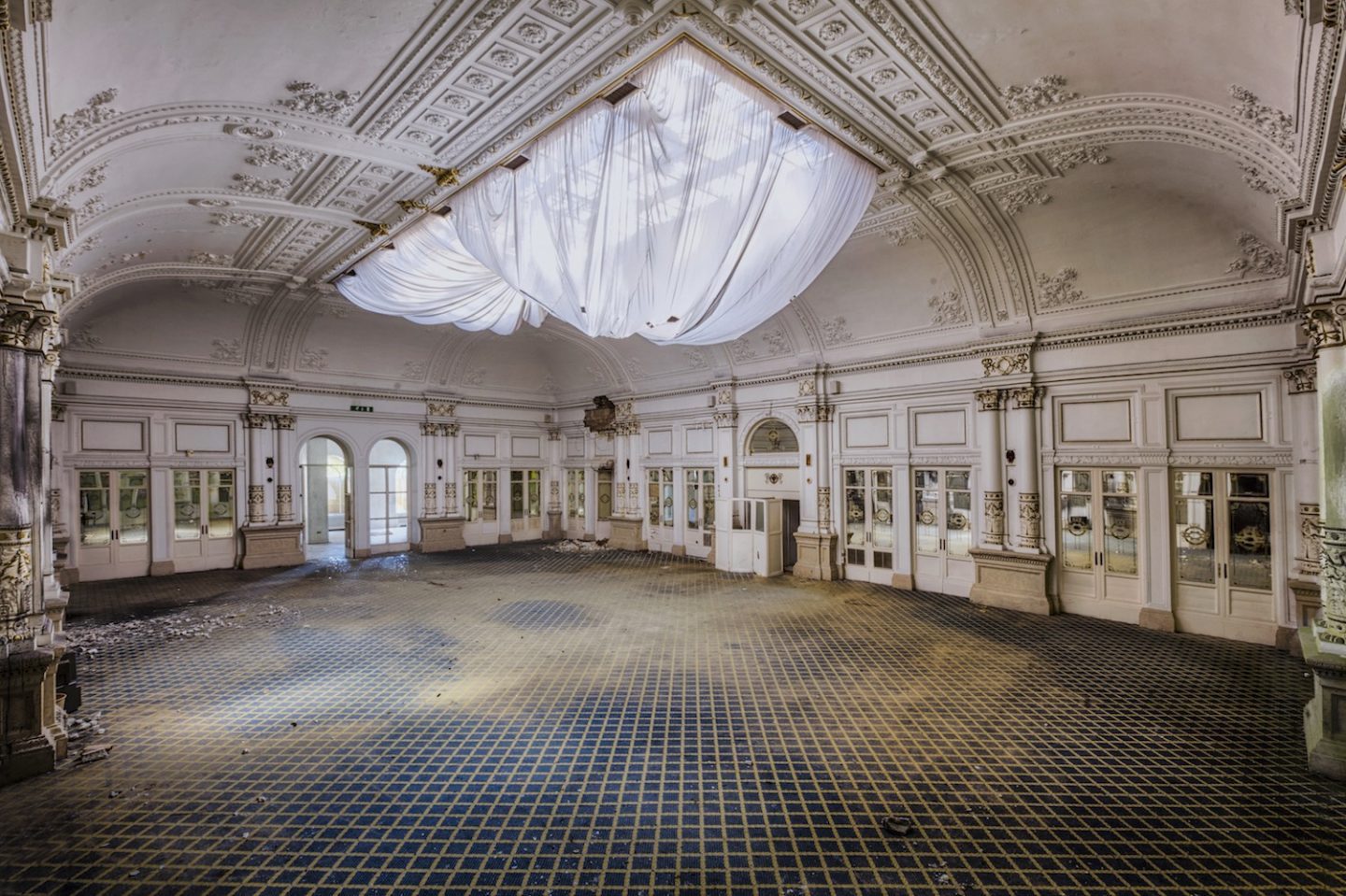 Old dining room inside an abandoned hotel